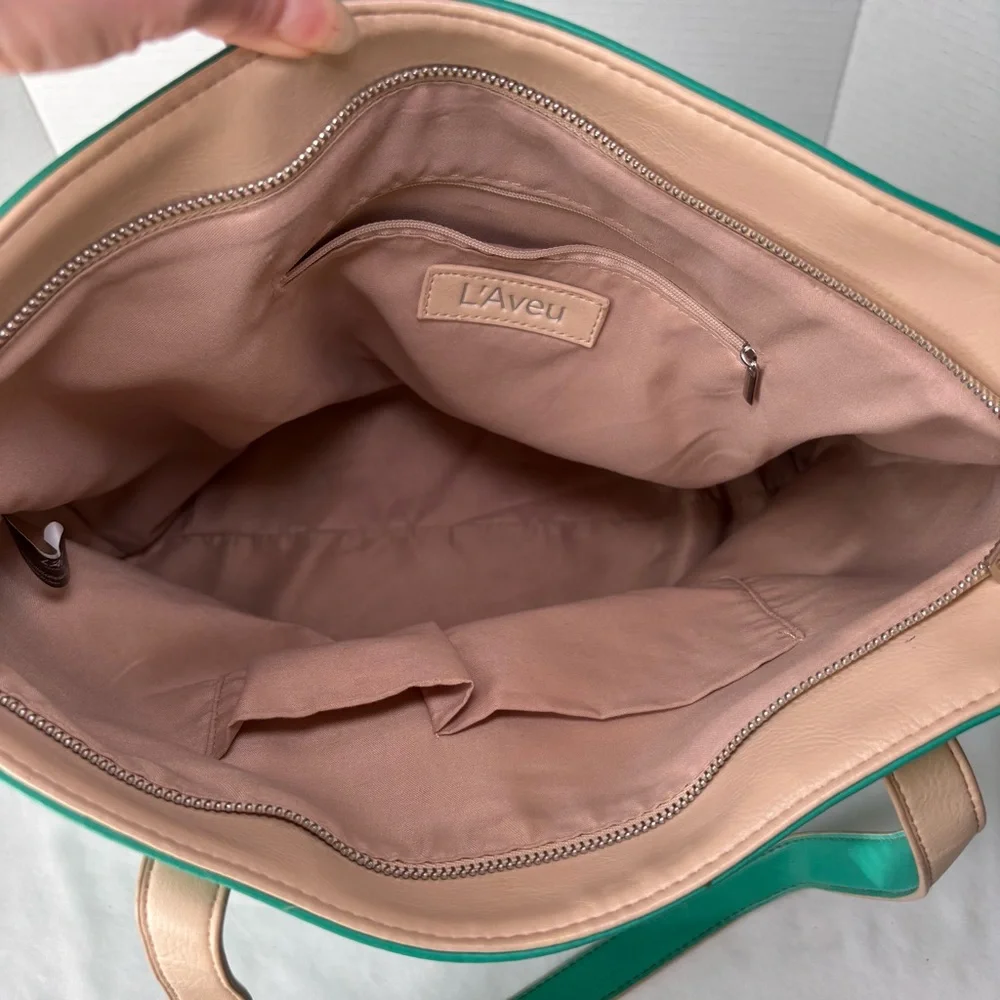 L’Aveu Teal Tote Bag Tan Interior